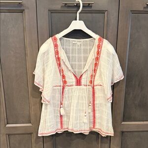Floreat White and Red Embroidered Blouse